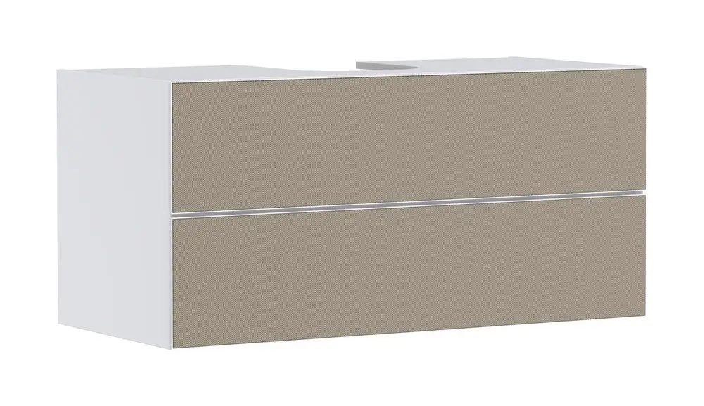 Waschtischunterschrank in Mattweiß mit zwei Schubkästen, gefertigt von Hansgrohe, für die Installation mit einem Aufsatzwaschtisch.